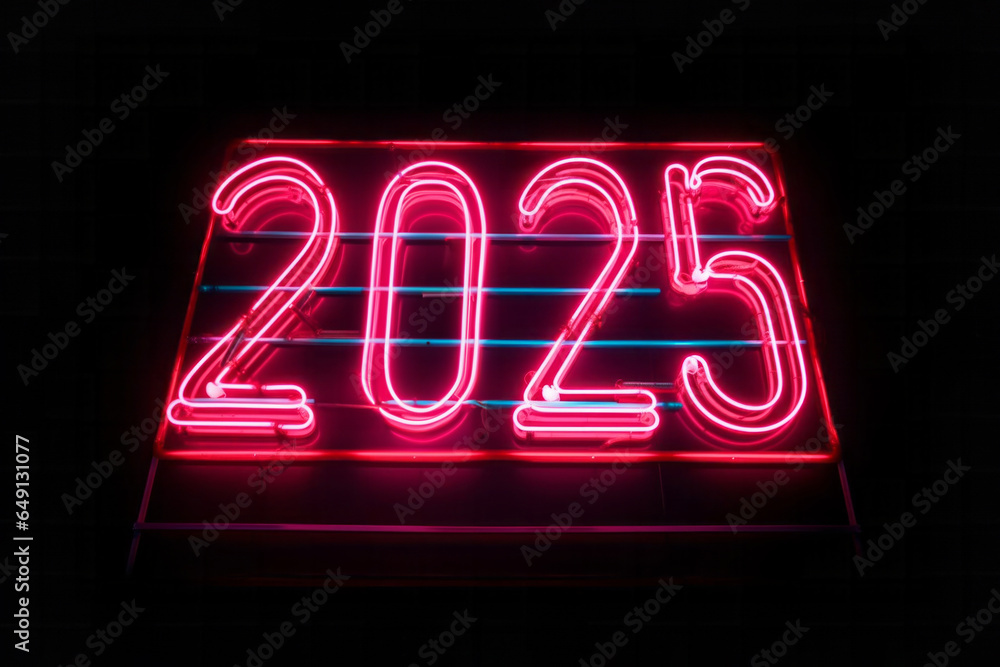Number 2025, a flickering red neon sign illuminates a vibrant blue wall, happy new year future is coming. Text copy space layout for greeting card or nice wishes. Number 2025, a flickering red neon sign illuminates a vibrant blue wall, happy new year future is coming. Text copy space layout for greeting card or nice wishes.