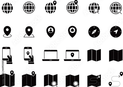 地図に関するシルエットアイコンのセット