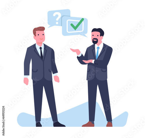 Businessman giving advice to another man. Office people communication. Employee answering question. Workers conversation. Colleagues professional support. Talking guys. Vector concept