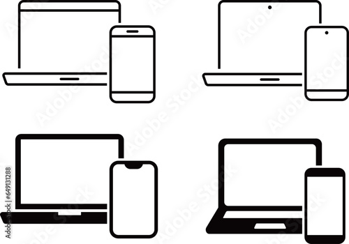 パソコンとスマホがセットになった線画とシルエットアイコンセット
