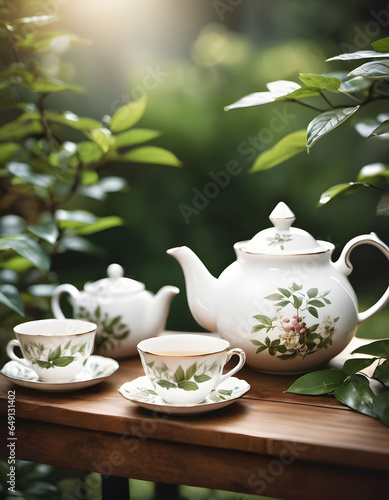 Botanical garden scene with an elegant tea set on a wooden table. AI generative. 