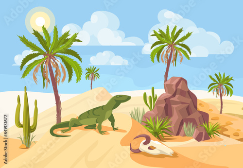 Desert landscape. Dry and hot climate. Monitor lizard sits on sand dune. Sahara nature. Palm trees and cacti. Sandstone and skull. Drought panorama. Reptile animal. Splendid vector concept