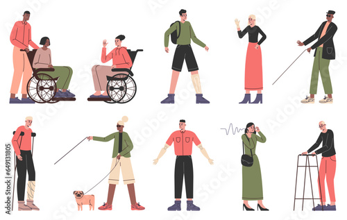 Disability people. Physical inabilities characters. Positive emotions. Blind persons with walking stick and dog. Paralyzed man and woman on wheelchairs. Disabled patients vector set