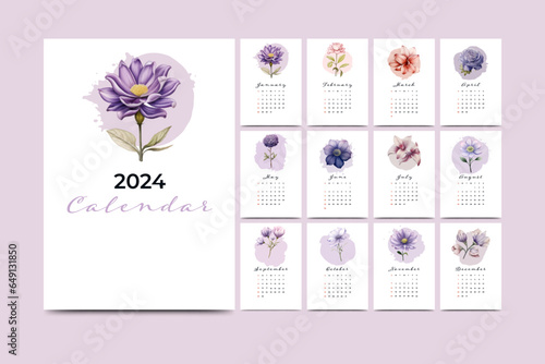 2024 annual calendar template with watercolor floral theme