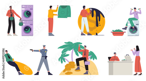 Illegal money laundering. People wash and dry banknotes. Corruption and fraud. Dirty finance washing. Criminal currency turnover. Man wiping counterfeit coins. Financial crimes vector set