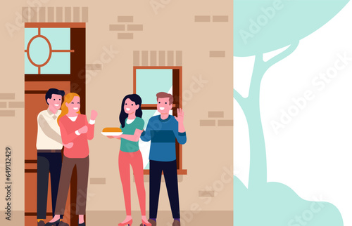 Man and woman came to meet their neighbors and brought pie to share. Housewarming celebration. Neighborhood holiday. Dating gift cake. Families standing on porch of house. Vector concept