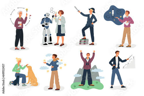 MBTI people types. Human personalities. Socionic characters. mental. Mindset and behavior. Intuitive and logical thoughts. Rational or creative. Mental structures. Garish vector set