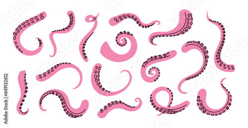 Octopus pink tentacles. Cute mollusk twisted long limbs. Cartoon underwater creature palpuses. Cephalopod animals curl arms. Undersea predator. Seafood from marine squid. Garish vector set