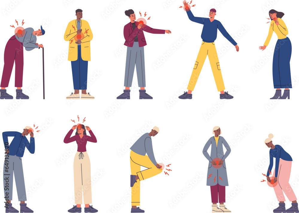 People with pain. Cartoon men or women suffering from aches. Hurt types. Health problems. Red marks in different body parts. Inflammation or trauma. Disease painful symptoms vector set