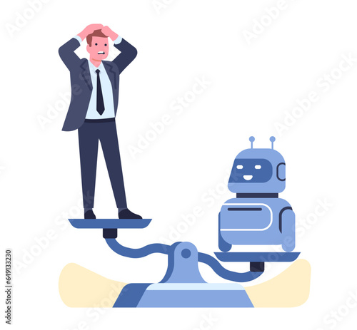 Superiority of artificial intelligence over humans. Businessman and robot on scales. Worker and AI technology competition. Rival with android. Productivity comparison. Vector concept