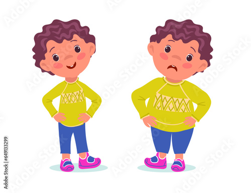 Thin and fat boy. Happy slim kid. Upset obese child. Body adiposity. Weight loss. Lifestyle change. Diet or fitness workout. Standing skinny guy. Overweight teenager. Vector concept