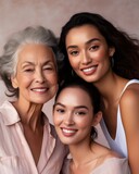 Beauty and unity, this diverse group of beautiful women of all skin tones and races together posing in the skin care ad campaign. A multiracial diverse group of women, inclusivity body positivity.