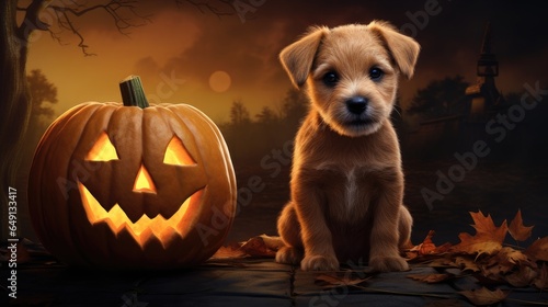 halloween pumpkin carving with a playful dog. spooky pumpkin and a furry friend on halloween. halloween background