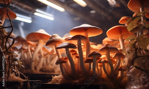 mushroom cultivation room ready to harvest, ai generative photo