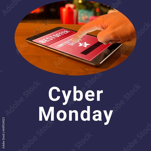 Cyber monday text on blue and hand of caucasian person using online store interface on tablet