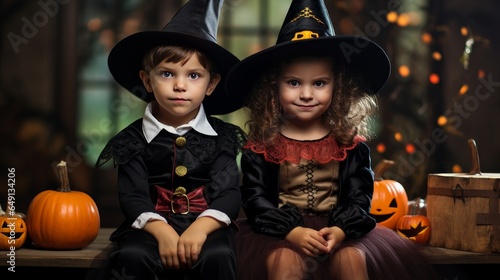 Two children dressed in Halloween costumes