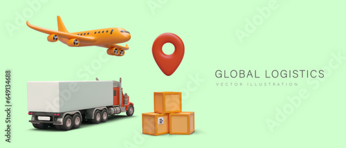 3d truck, airplane and parcels. Placard with place for text for postal company. Cargo delivery, global logistic concept. Vector illustration with green background