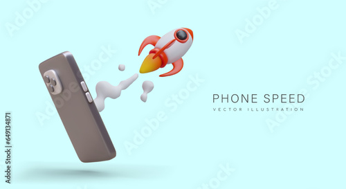 Phone speed. Features of smartphone. Productivity of gadget. Processor operation. Advantages of new model. Mobile speed test apps. Color poster with 3D illustration and text