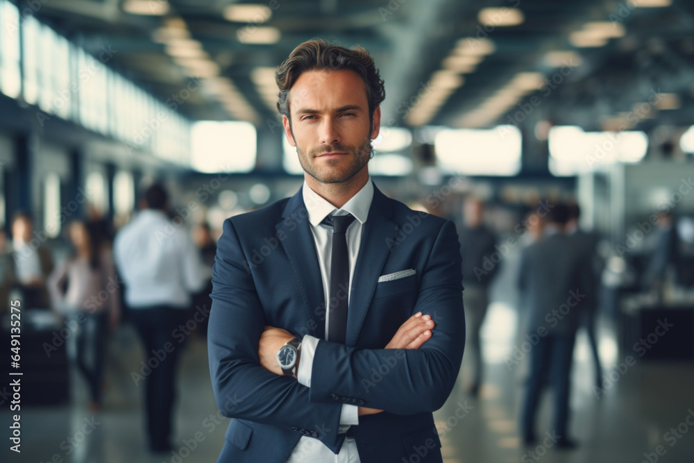 Confident businessman standing arms crossed in office