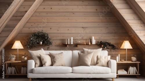 Cream-colored sofa with several pillows near a wood-paneled wall with shelves. Scandinavian interior design of a modern-style living room in the loft © sirisakboakaew