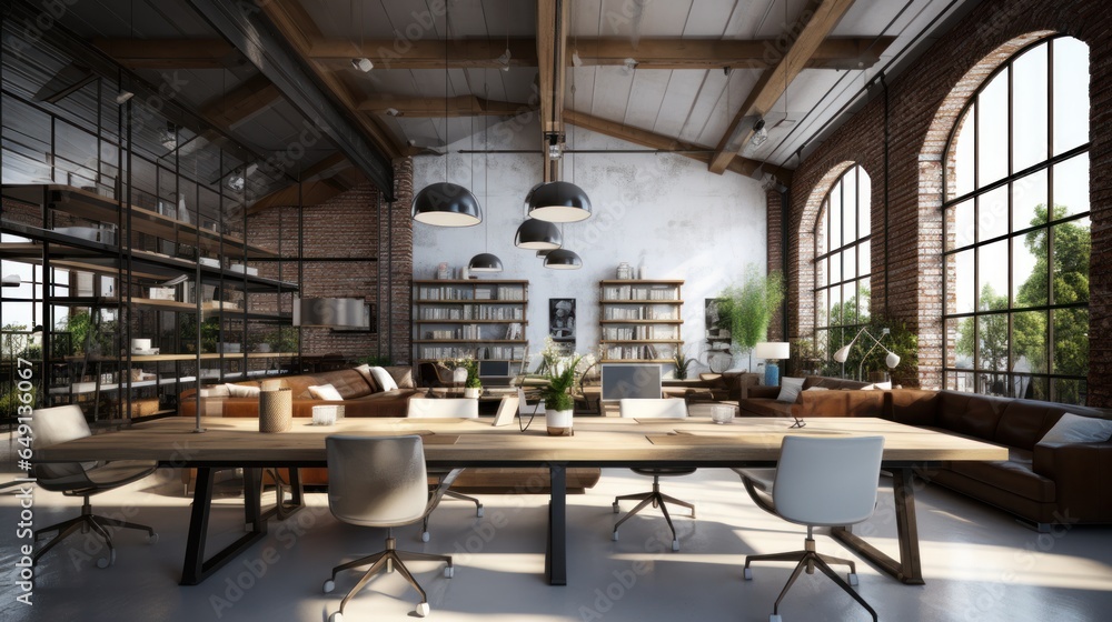 Luxurious workspace office decorated with industrial loft style, modern interior design.