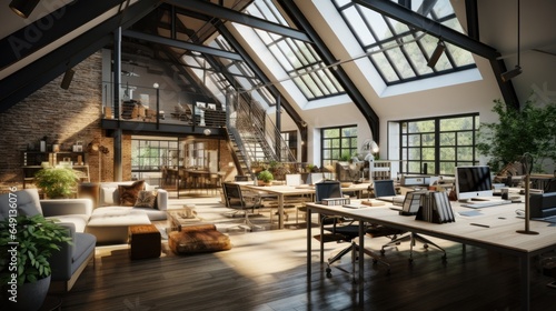 Luxurious workspace office decorated with industrial loft style  modern interior design.