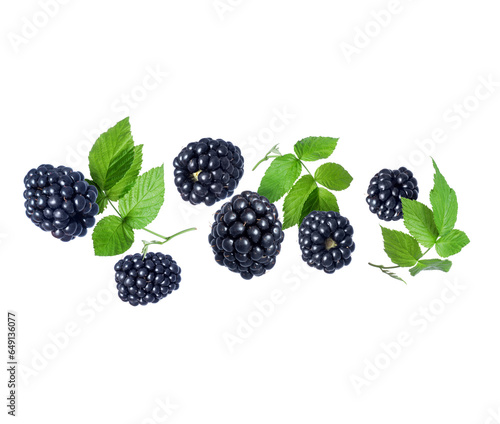Ripe blackberries with leaves closeup in the air isolated on white background