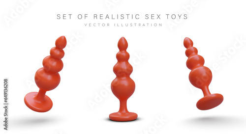 Set of realistic adult toys. Accessories for sex. Anal plug with balls of different diameters. Vector object in different positions. Image for sex shop website design, application