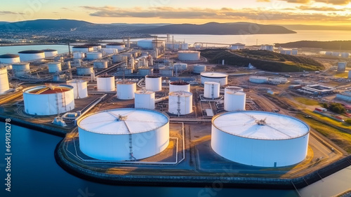 Aerial view oil terminal storage tank, White oil tank storage chemical petroleum.