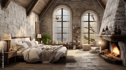 A rustic interior design of a modern bedroom Create a wide-angle lens for daylight white light.