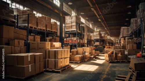 A warehouse full of shelves with products in cardboard boxes and packages. © sirisakboakaew