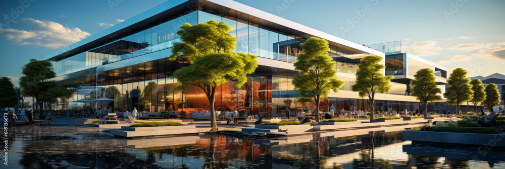 Breathtaking 3D exterior view of a vibrant modern shopping mall, featuring a detailed glass facade and tranquil green surroundings under a clear sky.