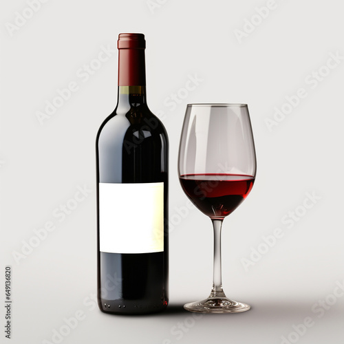 Red wine bottle and glass mockup white label 