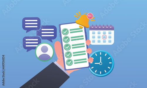 The concept of completing business tasks Hand holding a smartphone with a checklist.on blue background.Vector Design Illustration.