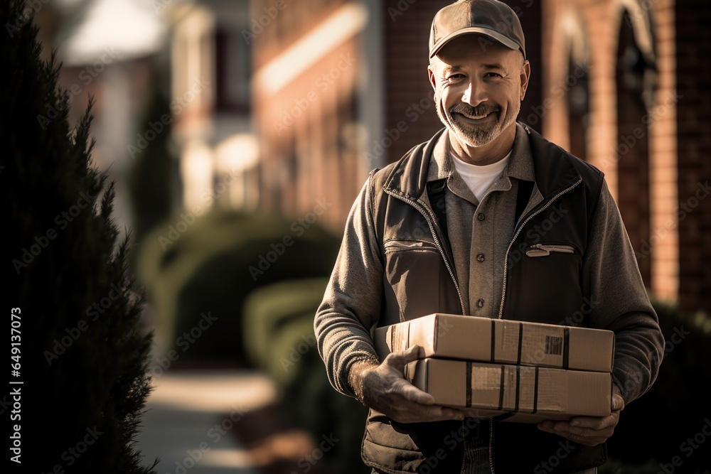Service mind delivery man delivers a package box to a customer. Service mind delivery man delivers a package box to a customer.