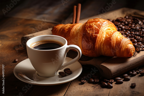breakfast with soft croissants and a cup of black coffee