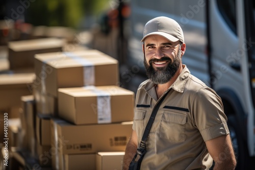 Service mind delivery man delivers a package box to a customer. © Attasit