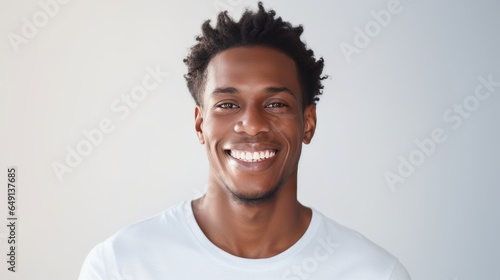 Smile of black man with perfect white teeth. On white background.