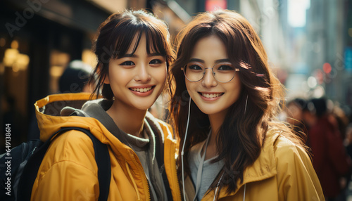 two japanese girls walking in shopping streets of tokyo enjoying the city.generative ai