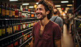 young man in bright colorful supermarket by the wine section holding a bottle of wine.generative ai