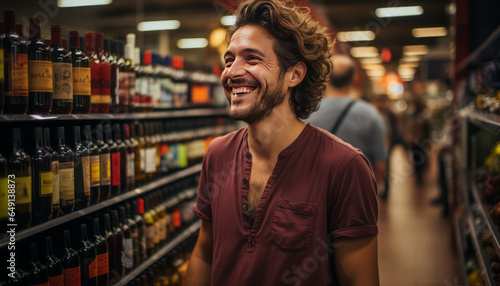 young man in bright colorful supermarket by the wine section holding a bottle of wine.generative ai