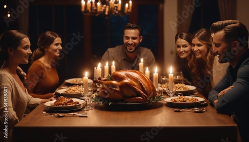  Thanksgiving family dinner with turkey and candlelight. Thanksgiving Day holiday celebration