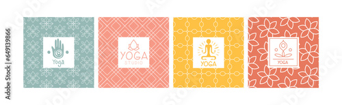 Yoga Icon and Square Emblem with Lotus Zen Symbol Vector Set