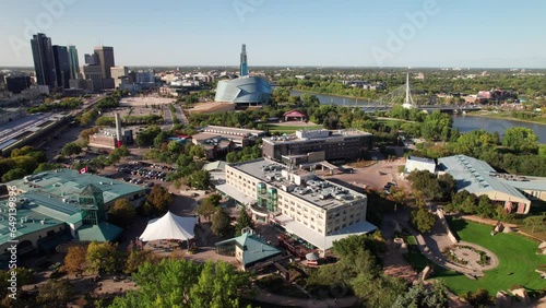 Panoramic drone shot of the Forks, Winnipeg, Manitoba, Canada photo