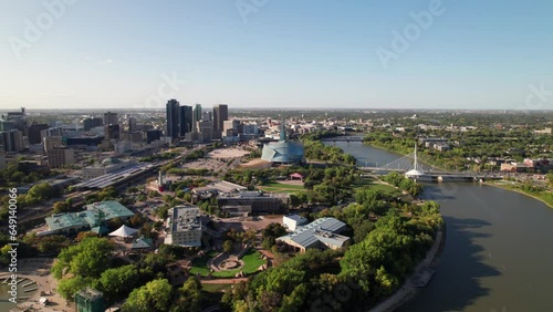 Panoramic aerial of downtown Winnipeg, Red River and the Forks, 4K photo