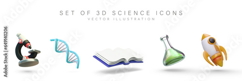 Set of 3D science icons on white background. Isolated color image with shadows. Realistic microscope, DNA double helix, open book, beaker, rocket. Illustrations for web design