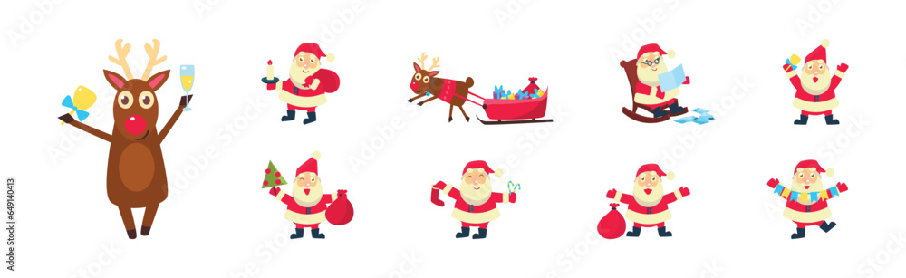 Santa Claus Character in Red Hat and Reindeer Greeting with Merry Christmas Vector Set