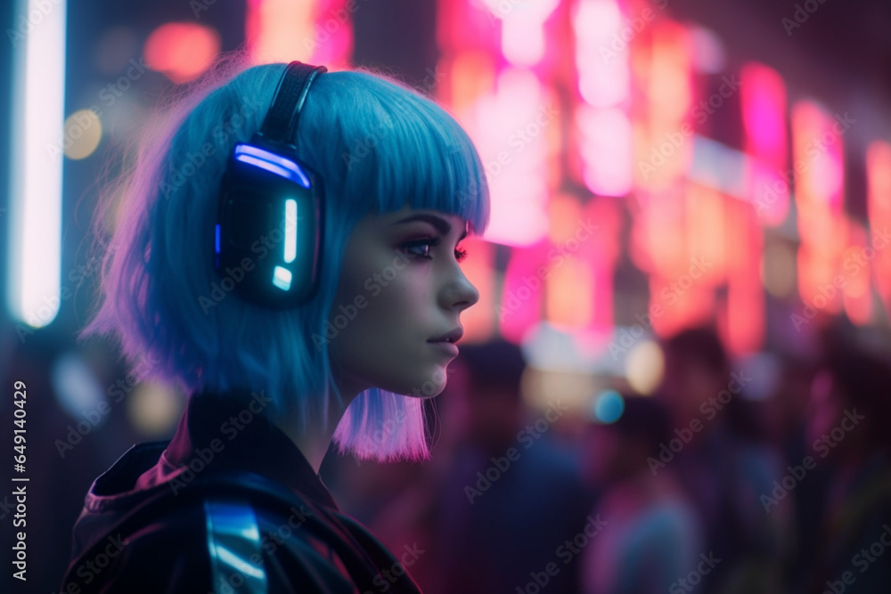 Close Up Portrait of a Stylish Young Cosplay Model with Blue Hair Looking at a Futuristic Cybernetic City with Neon Lights, Young Excited Female in a Cyberpunk Augmented Reality Close Up Portrait of a Stylish Young Cosplay Model with Blue Hair Looking at a Futuristic Cybernetic City with Neon Lights, Young Excited Female in a Cyberpunk Augmented Reality