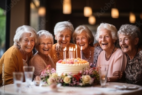 Senior women and friends candles on birthday cake for a celebration. Generative AI.