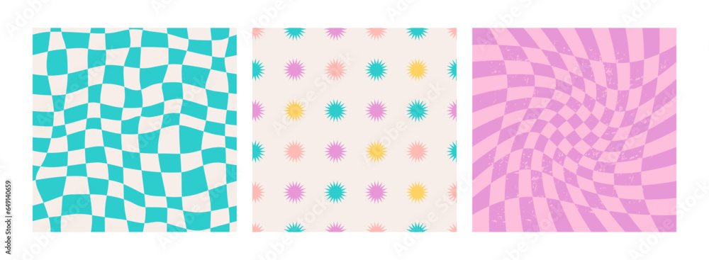 Groovy seamless pattern set. 1970 daisy flowers, trippy grid geometric backgrounds. Set in cute colors. Psychedelic abstract vector Illustration. Seventies style flat design, hippie retro aesthetic. Groovy seamless pattern set. 1970 daisy flowers, trippy grid geometric backgrounds. Set in cute colors. Psychedelic abstract vector Illustration. Seventies style flat design, hippie retro aesthetic.